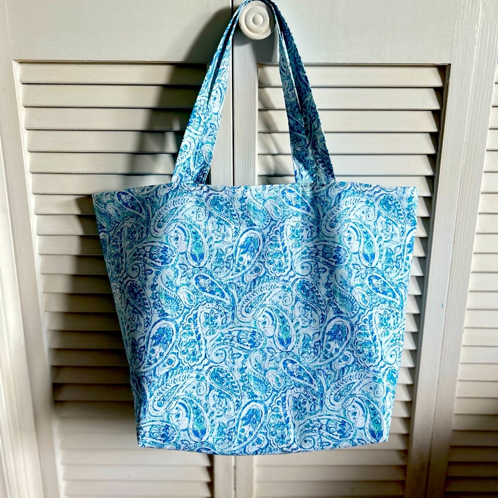 Hand Crafted Fabric Tote Bag Colorful Blue Paisley Market Bag Shoulder Purse - Picture 6 of 10